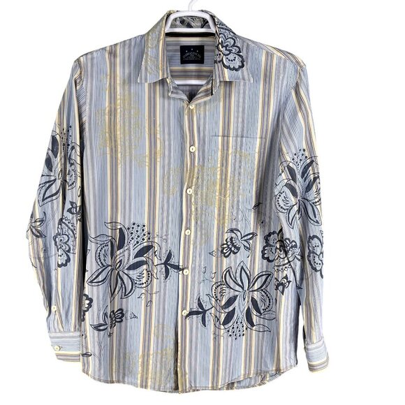 Tommy Bahama Mens L Indigo Palms Striped Front Back Graphic Button Up Shirt - Picture 1 of 15